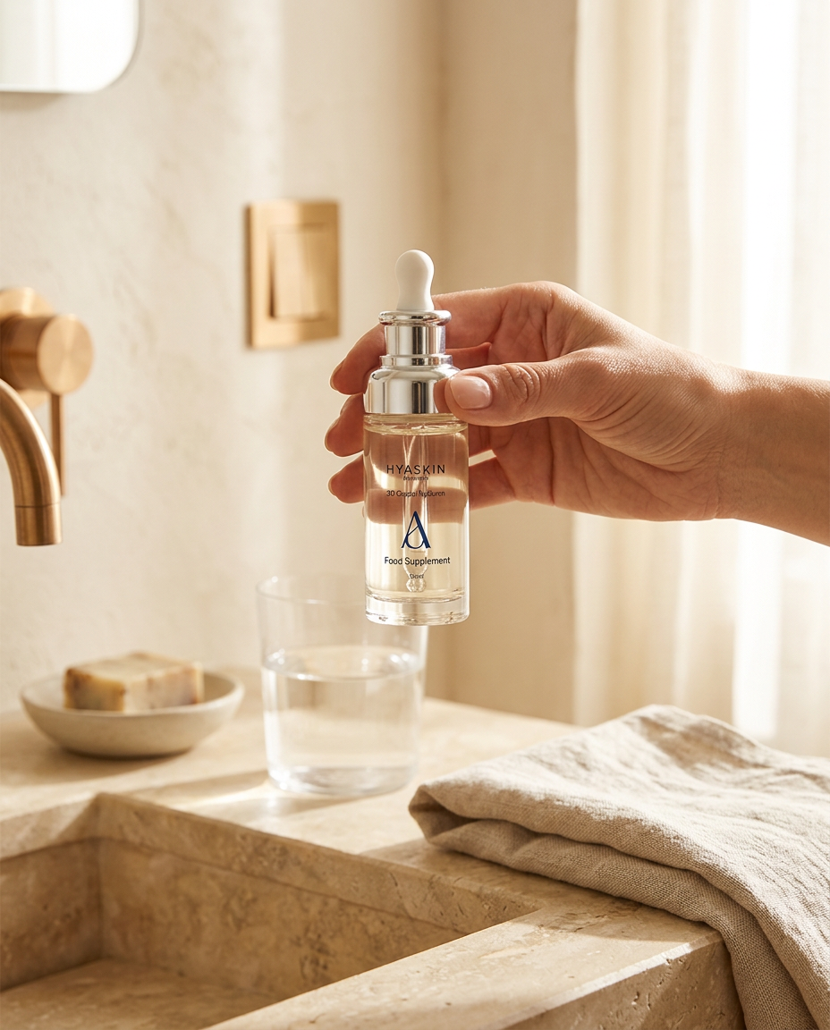 Frau mit Glas Wasser im Badezimmer